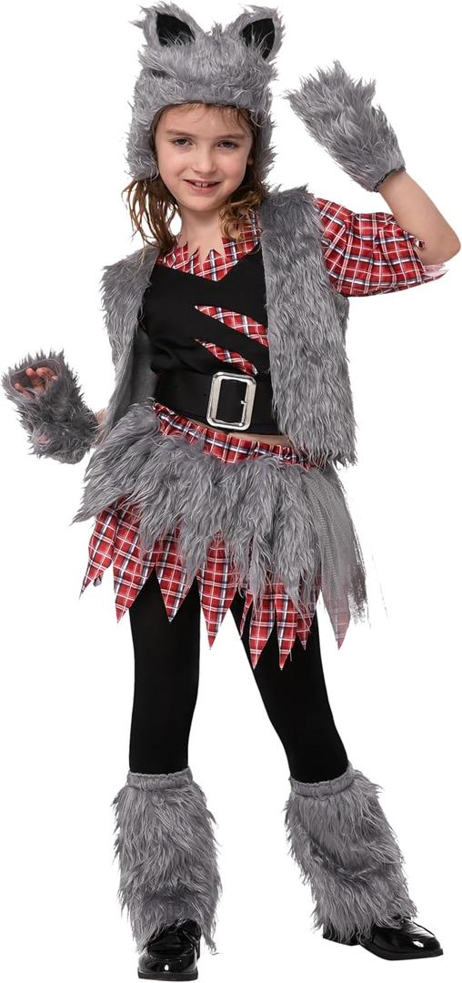 Spooktacular Creations Werewolf Costume for Kids, Scary Halloween Costume for Girls, Wolf Outfit Set for Girls (Gray)