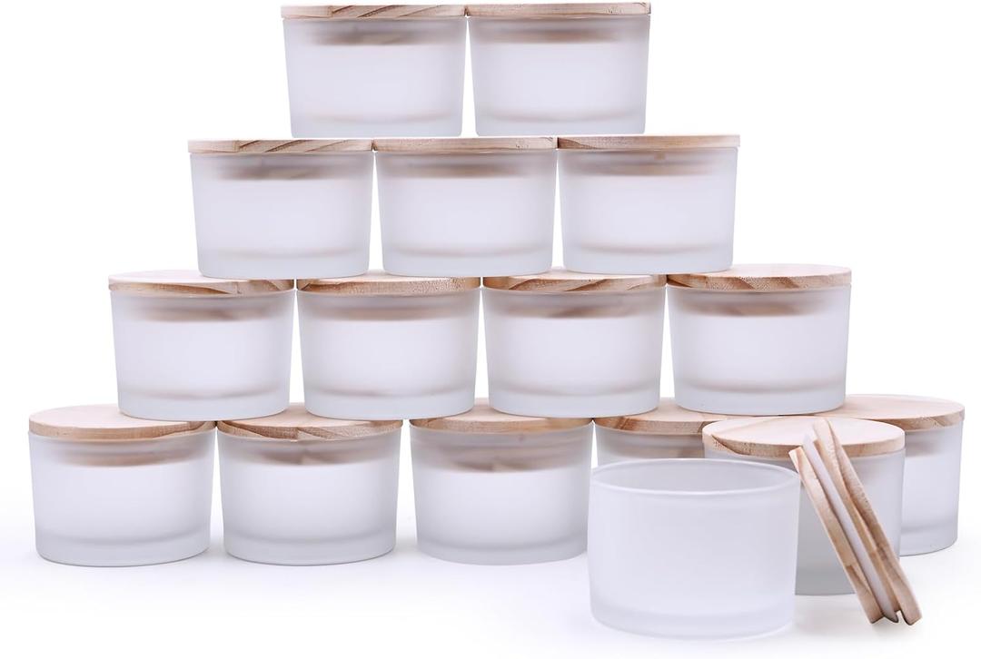 SHOWIN 4 OZ Thick Candle Jars for Making Candles 16 Pcs, Empty Jars with Wood Lids for Candle Making, Sample Container, Frosted White
