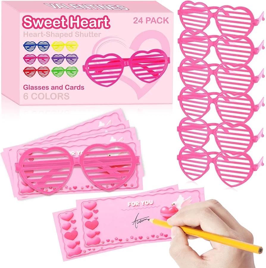 24 Pcs Heart Shaped Shutter Shade Glasses with Cards and Gift Box, Valentines Party Favors, Valentine's Classroom Exchange Prizes Gifts for Kids Boys Girls (Pink)