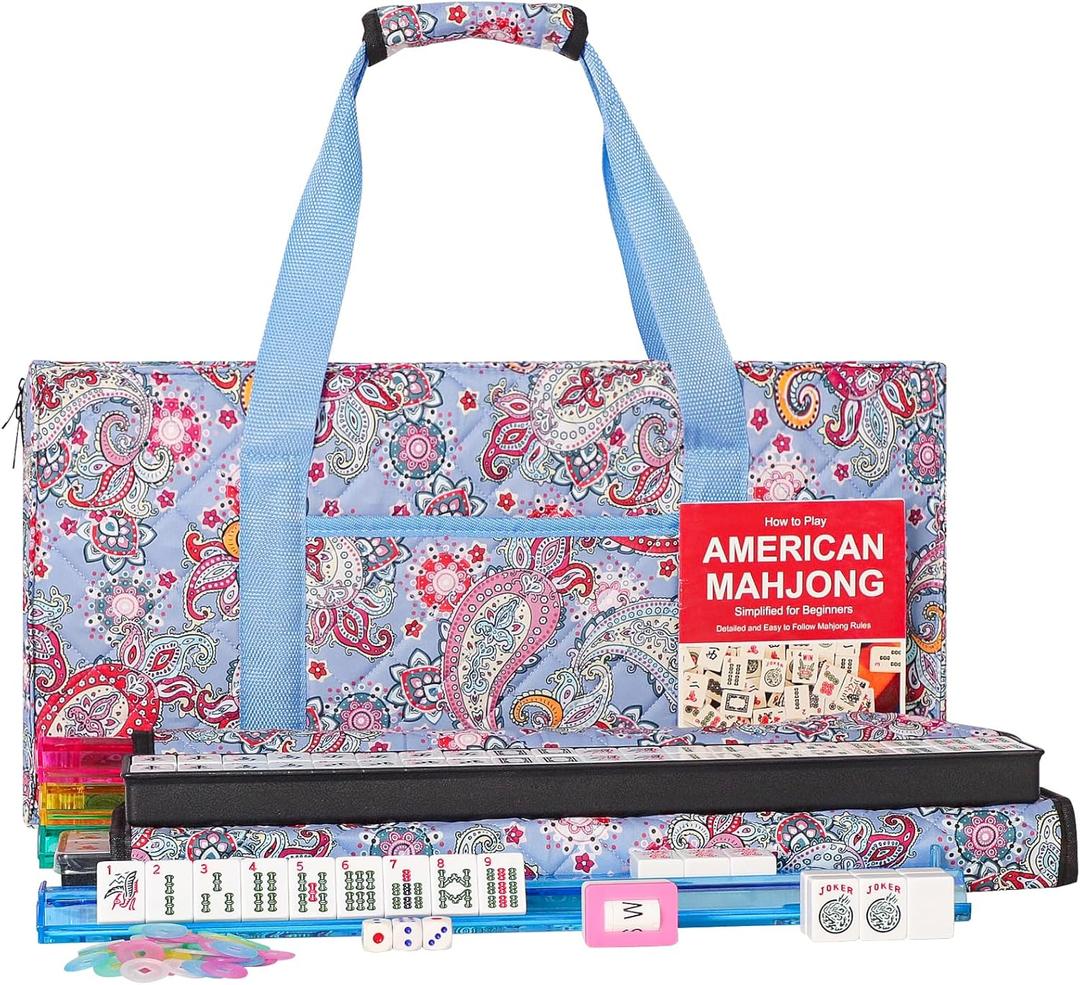 ZGME American Mahjong Set, 166 White Tiles with Printed Rectangular Bag and Accessories, 4 All-in-One Mahjong Racks with Pushers,Complete Western Mahjong Set