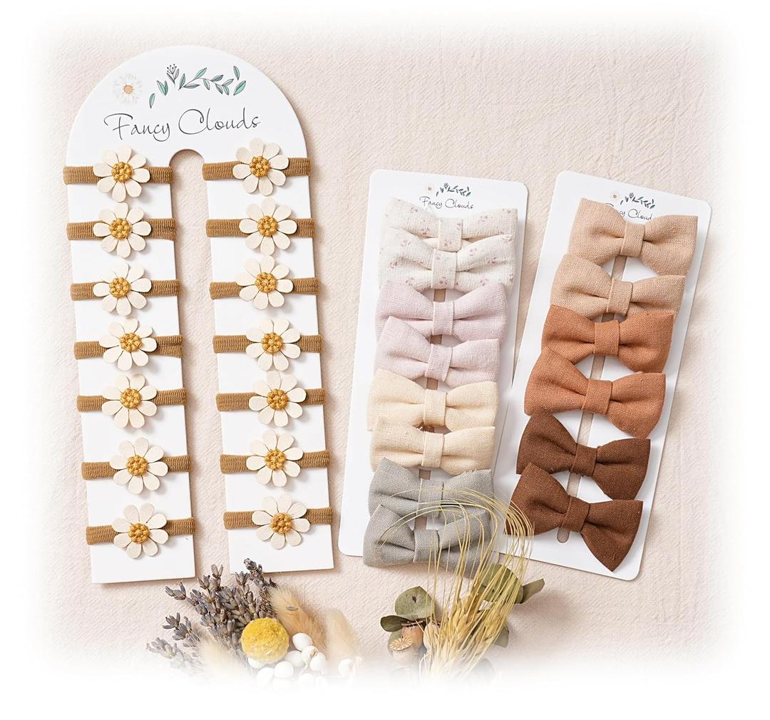 28 pcs Baby Toddler Girl Hair Ties with Bows and Daisy Flower, Neutral Linen Boutique Ouchless Hair Accessories for Girls' Fine Hair, No Damage Soft Elastic Pigtails Ponytail Holders