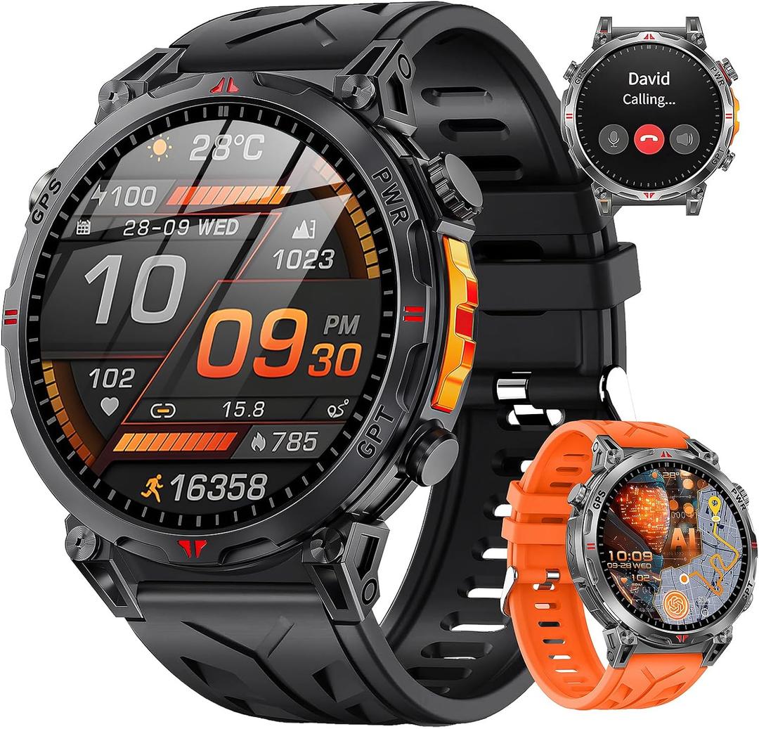 Military Smart Watches for Men GPS, 1.56" AMOLED Screen Bluetooth Call, Smartwatch for Android Phones and iPhone, 100+ Sport Modes, 3ATM Waterproof Smart Watch with Compass (Black & Orange)
