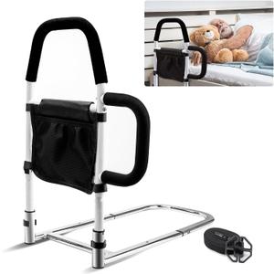 WHOMEC Bed Rails for Elderly Adults - Bed Assist Rail with Double Grab Bars & Fall Prevention Guard & Storage Pocket fits King, Queen, Full, Twin, Support Up to 300lbs, Height 25.6''