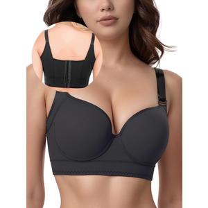 JishinGal Womens Push Up Bra Full Coverage Seamless Underwire Hide Back Fat, Wide Straps, Smooth Uplift T-Shirt Bra, 48C, Black)