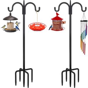 FEED GARDEN Heavy Duty Shepherds Hook 2 Pack 63" Double Hooks Adjustable (47/63") - Metal 5-Prong Base, 12lb Capacity - Easy Assembly Bird Feeder Pole for Hanging Planters, Lanterns, Wind Chimes