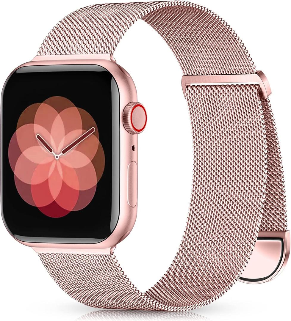 Zedoli Metal Band Compatible with Apple Watch Ba for Women Men, Stainless Steel Milanese Mesh Loop Magnetic Wristbands for iWatch (Rose Pink Gold), Size: 44mm/45mm/46mm/49mm/42mm(Series 3)