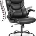 DUMOS Office Chair - Ergonomic Executive Computer Desk Chairs with Adjustable Flip-up Armrest, Swivel Task Chair with Lumbar Support, Strong Metal Base, PU Leather, Black