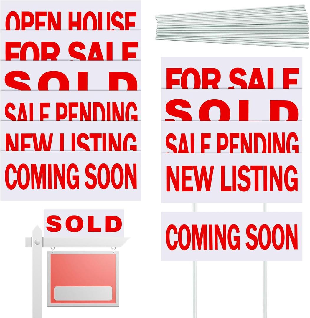 Juexica 12 Pcs Real Estate Rider Signs 6" x 17.2" Open House Signs for Real Estate Double Sided Waterproof Plastic Coming Soon Sold Sign Bundle with 24 Stakes 6 Different Messages Supplies, Red Letter