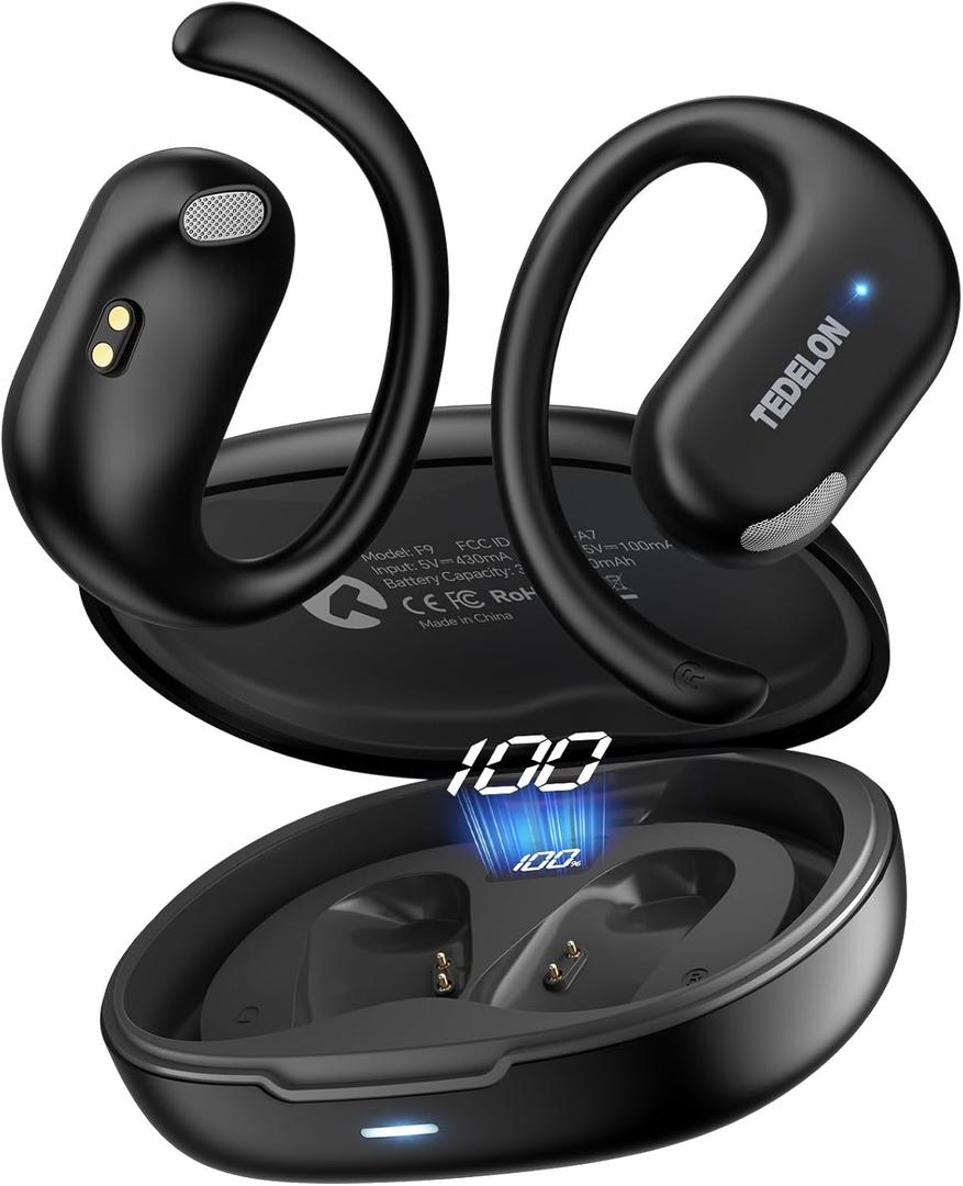 Open Ear Earbuds Bluetooth 5.4: 50H Playtime, 16.2mm Drivers, Open Ear Headphones with Earhooks, IPX6, Digital Display, Touch Control, Clear Calls, Comfort-Fit for Running, Cycling, Workouts (Black)