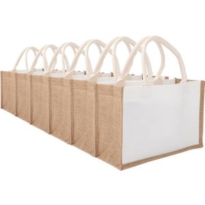 Jute Tote Bag MEIANJUN Small12.5"x8.5"x5.1"Bridesmaid Tote Bags retro tote Bag, country chic Arts and Crafts DIY Bag Jute Bags 6pcs with Handle Resuabale Grocery Bag for Tra 6 Pack of Brown White