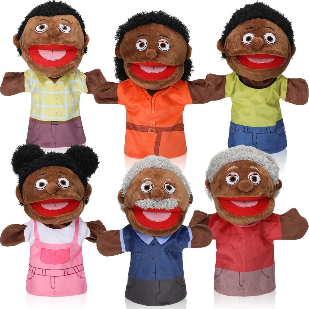 Lenwen 6 Pcs Family Hand Puppet Set Family Members Puppets with Movable Mouth Soft Plush for Boys and Girls Teens Kids Storytelling Play School Teaching Preschool (African American)