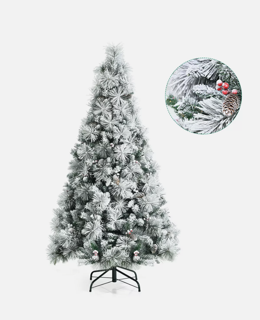 6ft Snow Flocked Christmas Tree Glitter Tips w/ Pine Cone & Red Berries