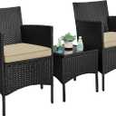 Yaheetech 3 Pieces Patio Conversation Set, Outdoor Rattan Bistro Furniture, 2 Chairs with Cushions & 1 Side Table for Bistro/Porch/Garden/Deck/Courtyard, Black/Khaki
