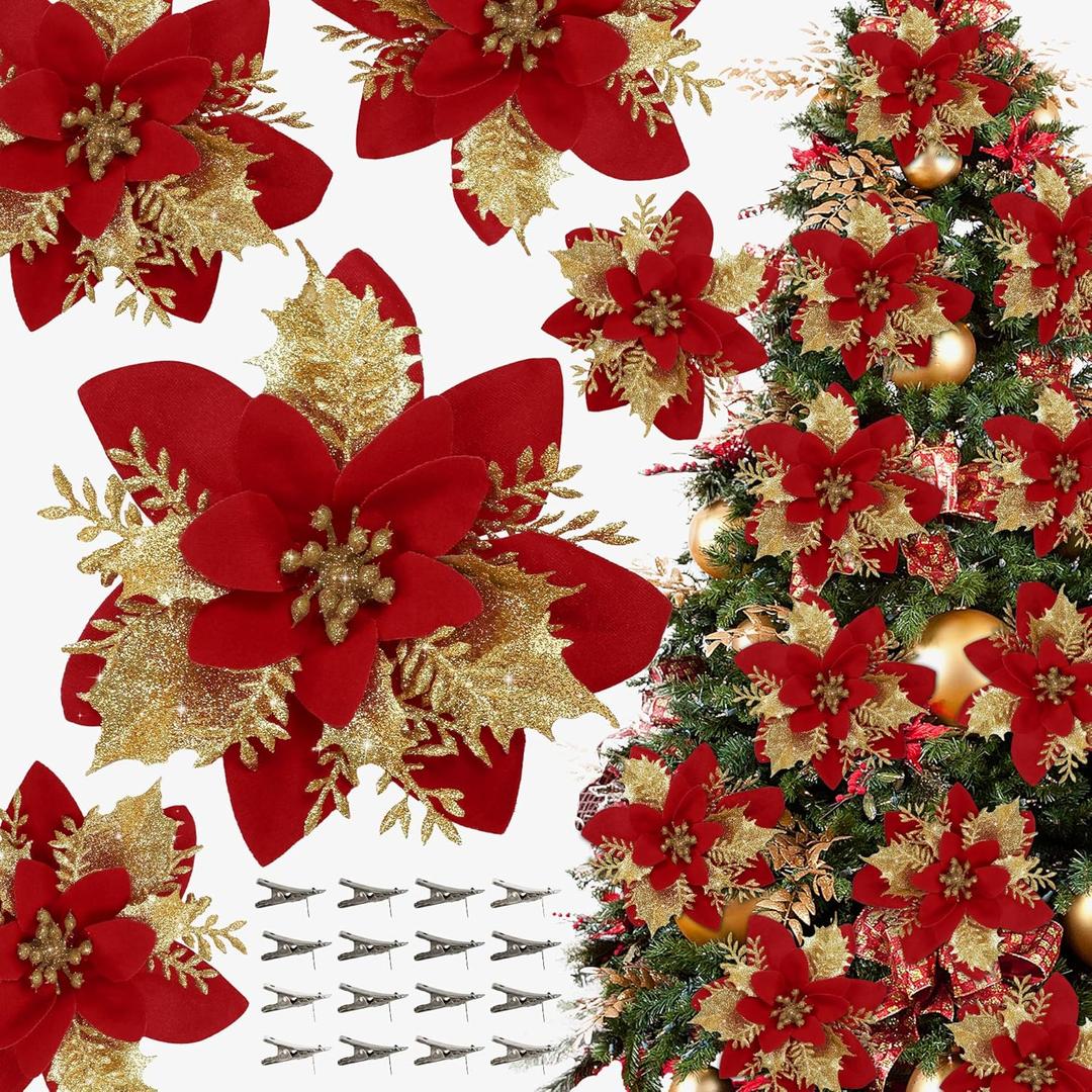 16 PCS Poinsettia Flower Artificial Poinsettia Christmas Decorations Glitter Poinsettias Christmas Ornaments Christmas Tree Flower Decorations with Clips DIY Xmas Wreath Holiday Weed Home Party Decor (Red)