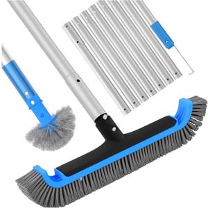 2 in 1 Multifunctional Pool Brush with 10 FT Poles - 17.5'' Heavy Duty Swimming Pool Brush & Multifunctional Brush Head, 10 FT Aluminum Poles, Cleaning Inground & Above Ground Pools, Vinyl Liner