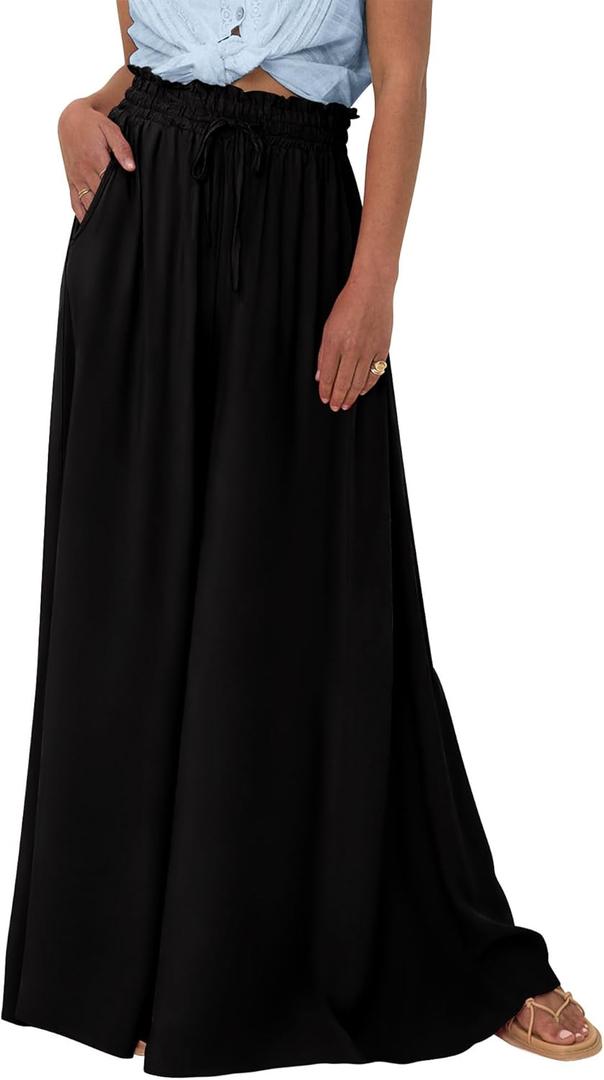BTFBM Women Casual High Waist Wide Leg Pants Summer Floral Solid Long Palazzo Pants Lounge Beach Trousers with Pocket (Large)