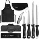 Iberico Ham Set with Ham Carving Knife, Boning Knife, Paring Knife, Knife Steel, Apron, Cover and Jamon Serrano Tongs - Slicing Knife for Meat Cutting - Chef Knife Set With Bag - Serrano Ham Knife, 36.5 cm