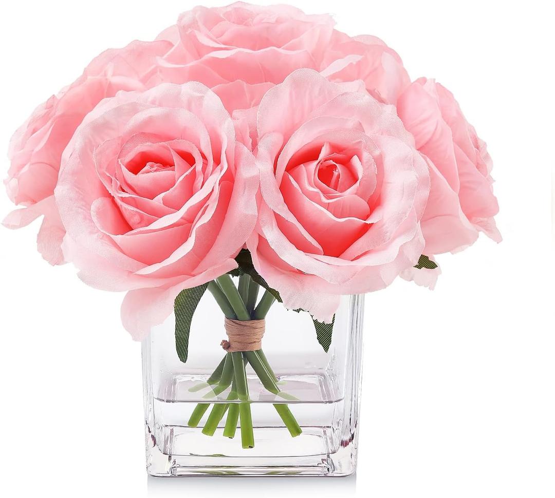 7 Large Stem Pink Rose Artificial Flowers in Vase, Fake Rose with Fake Flowers in Vase for Home Decor, Wedding Table (Pink)