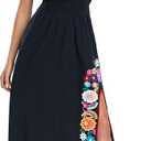 Women's Mexican Floral Embroidered Halter Neck Split Sleeveless Ruffle Party Long Dresses, Small