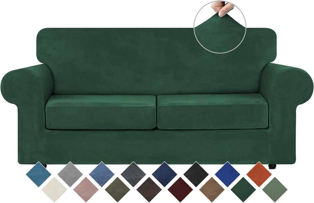 WEERRW Velvet Couch Covers for 2 Cushion Couch Sofa - High Stretch Velvet Plush 3 Pieces Sofa Slipcovers with Elastic Bottom, Furniture Protector for Pets, Machine Washable, Emerald Green, Medium