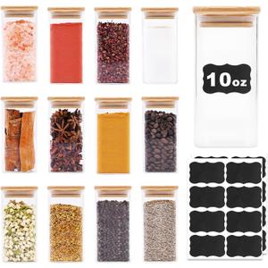 Glass Food Storage Jars Square 10oz, 12 Pack Glass Jars With Bamboo Lids, Kitchen Storage Containers For Spice, Candy, Cookie, Storage For Pantry Organizers