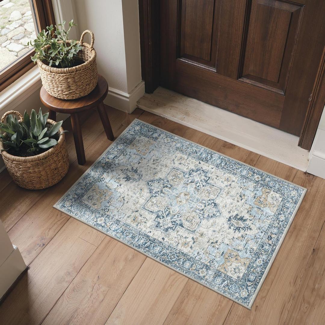 Area Rug 2x3 Doormat, Machine Washable Low Pile Vintage Rugs, Small Lightweight Rug Entryway Indoor Mat for Entrance, Hallway, Kitchen and Corridor, Blue
