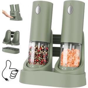 CIRCLE JOY Electric Salt and Pepper Grinder Set Automatic Salt and Pepper Grinder Set with Easy-to-Carry Charging Base and LED Light, USB Rechargeable, Upgrade External Adjustable Coarseness, Green