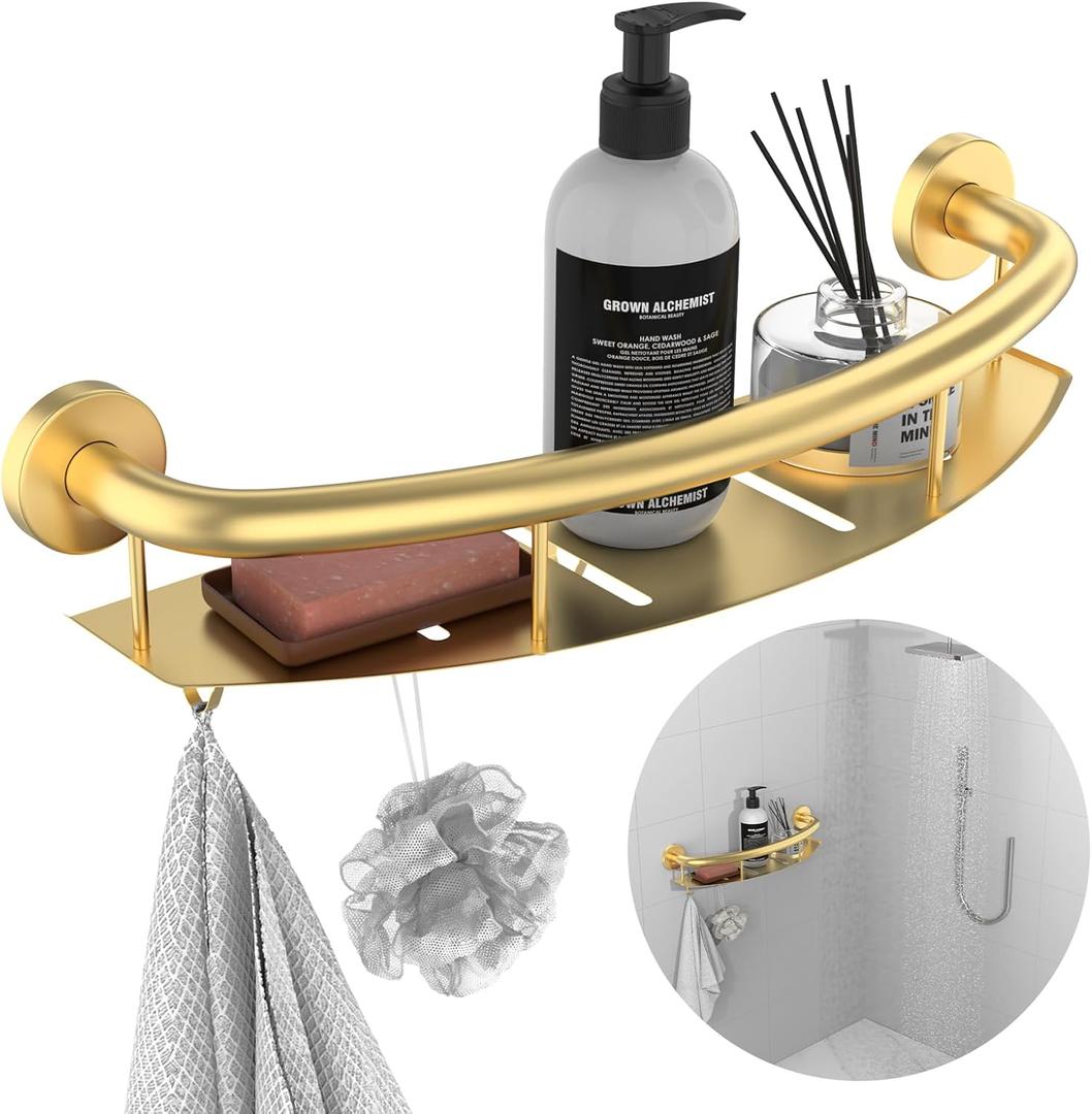 Gold 18-inch Safety Grab Bar with Storage Shelf for Bathtub or Shower, Drainage Holes, Stainless Steel, Wall Mounted Grab Bars for Elderly Injured Balance Support