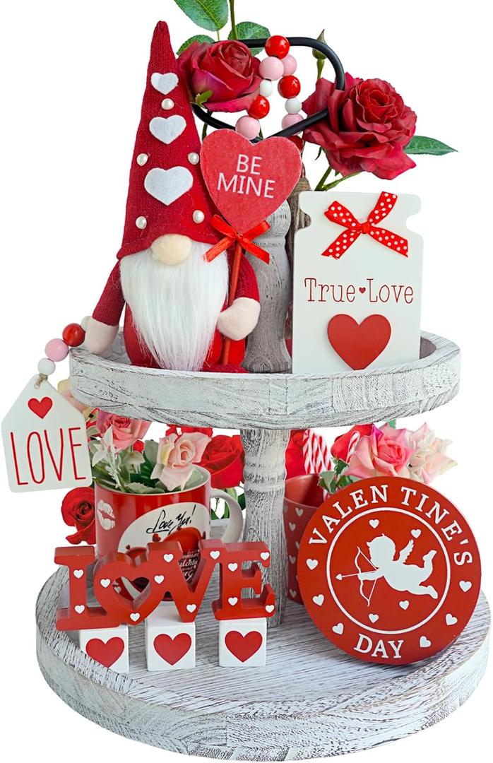 Valentines Day Tiered Tray Decor - 7 Pcs Gnomes Plush, Wood Signs, Wooden Beads Garland, Farmhouse Tiered Tray Decor Valentines Day Gift Idea