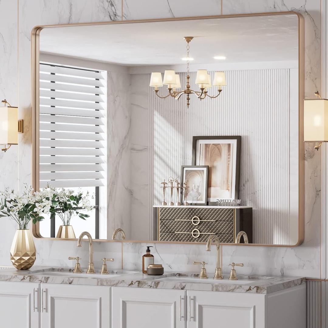 LOAAO 48X36 Gold Bathroom Mirror, Rounded Rectangle Gold Frame Mirror, Brushed Gold Bathroom Vanity Mirror Wall-Mounted, Anti-Rust, Tempered Glass, Hangs Horizontally or Vertically