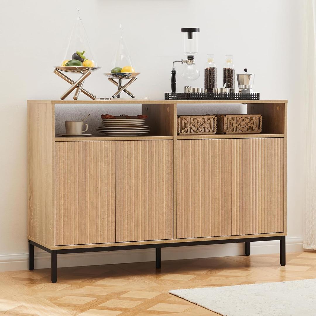 Farmhouse Buffet Sideboard Cabinet with Storage, Fluted Natural Coffee Bar Station Table with Doors and Adjustable Shelves, Modern Wood Cupboard for Kitchen (46.5 inches x 14.8 inches x 31.5 inches)