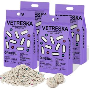 VETRESKA Tofu Cat Litter,Natural Kitty Litter Strong Clumping Flushable Cat Litter Pellets Ultra Absorbent,Odor Control,Dust-Free,Low Tracking Eco-Friendly Tofu Litter,Original(5.5lb4bags)