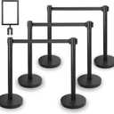 Crowd Control Stanchion Set with Sign Topper,Black Stanchion with 6.6 ft Black Retractable Belt Barriers,Crowd Control Barriers with Durable Refillable Enlarged Base 6 Pcs