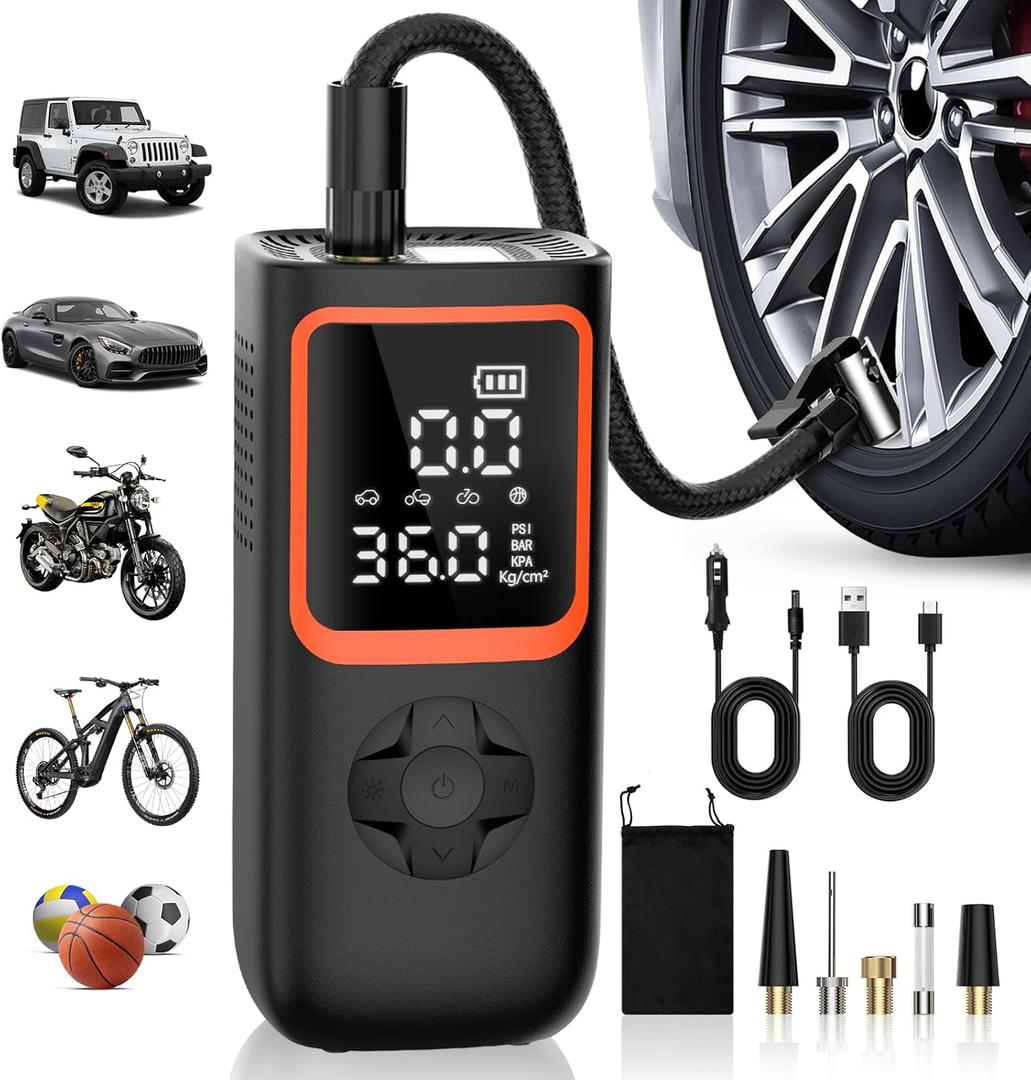 Tire Inflator Portable Air Compressor - 150PSI Cordless Air Pump for Car Tires with Pressure Gauge & LED Light, 3X Faster Inflation Electric Air Compressor for Car Bikes, Motorcycle, Ball (orange)