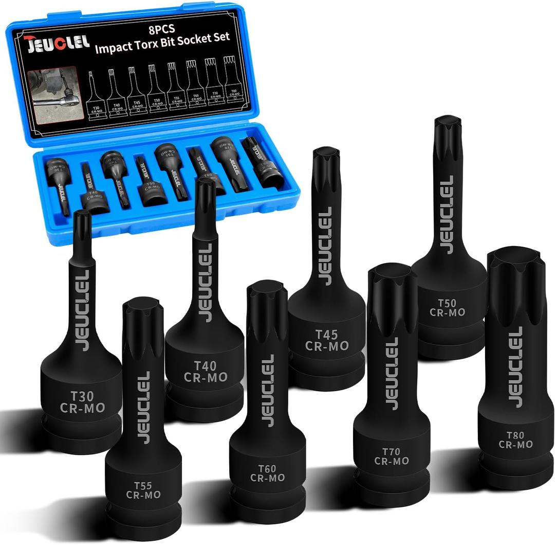 8PCS Torx Star 6 Point Impact Bit Socket Set, T30 T40 T45 T50 T55 T60 T70 T80 1/2-Inch Impact Drive Allen Socket Kit, Cr-Mo Steel Socket Remover Hand Repair Tool