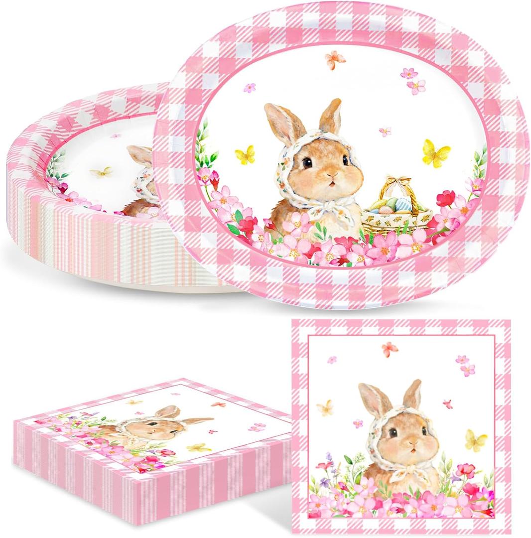 40Pcs Easter Paper Plates and Napkins Set Oval Bunny Disposable Plates & Napkins Serves 20, Heavy-Duty Party Tableware for Easter Brunch, Spring Picnic, Baby Shower