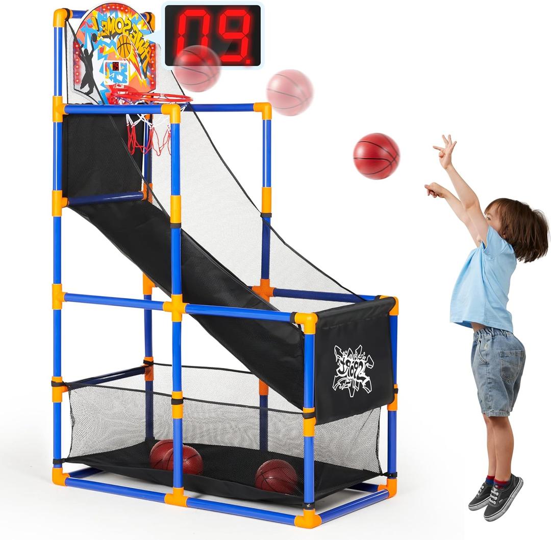 JOYIN Sports Toy LED Lightscore Arcade Basketball Game Set for Kids Ages 312 Includes Electronic Scoreboard, Cheer Sound Effects, 4 Balls & Hoop | Indoor/Outdoor for Kids | Easy to Assemble