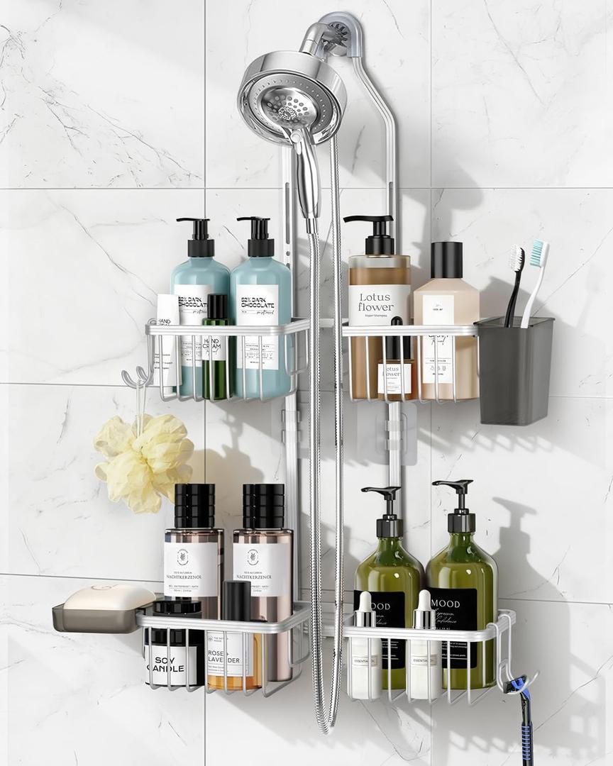 Adjustable Shower Caddy Hanging for Handheld Showerheads - Never Rust Shower Hanging Organizer, Upgraded Bathroom Shower Rack with Soap Basket, Hooks and Toothbrush Holder (Silver)