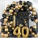 40th Birthday Decorations for Men Black and Gold Balloons Garland Arch Kit with Number 40 Foil Confetti Balloons Happy Birthday Bunting Banner Black Gold Party Decor for 40 Years Old Women Anniversary