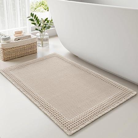Waffle Bath Mat, Super Absorbent Non Slip, Machine Washable, Ultra Soft Boho Bath Rugs with Tassels, Upgraded Bordered Design, 17"x24" Pack Of 2, Brown and Beige