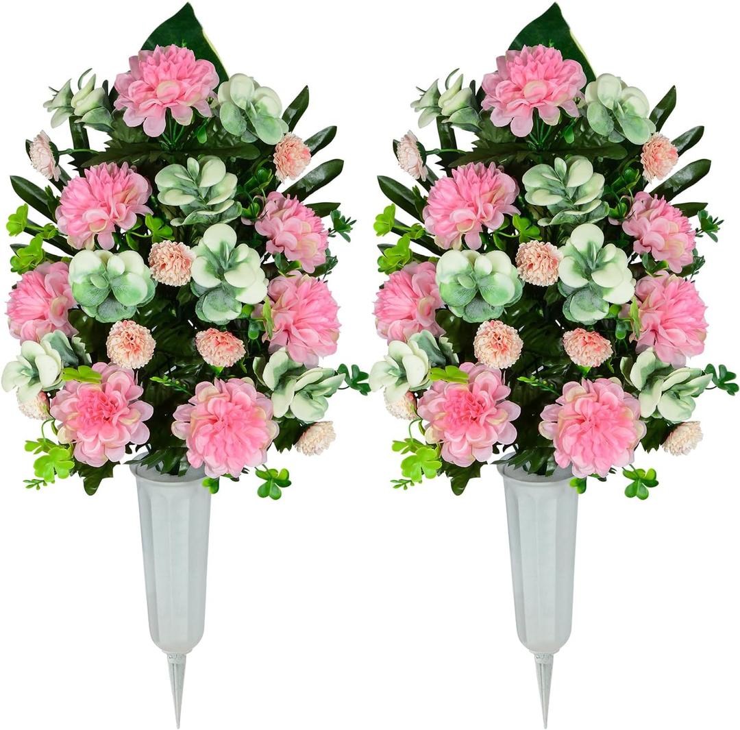 Artificial Cemetery Flowers, Artificial Bulbous Chrysanthemum Flowers Bouquet with Vase for Cemetery Grave Decoration, Set of 2 (Pink)
