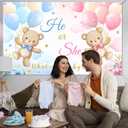 Avezano He or She Gender Reveal Banner Bear Gender Reveal Decorations Banner Pink and Blue Baby Reveal Backdrop for Boy Girls (6x3.6ft)