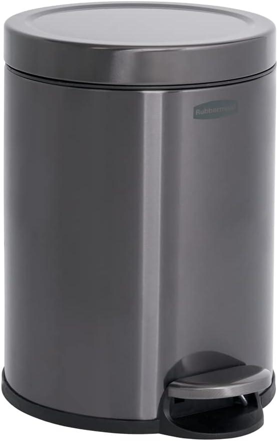Rubbermaid Stainless Steel Round Step-On Trash Can, 1.6-Gallon, Charcoal, Wastebasket with Lid for Home/Bathroom/Kitchen/Office