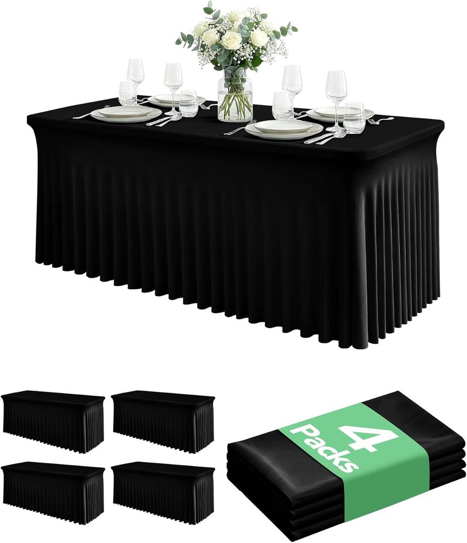 4 Pack Spandex Table Cover Skirts for 6ft Rectangle Tables, Black Stretch Table Cloths with Floor-Length Ruffle, Elastic Fitted Skirted Tablecloth for Elegant Wedding Banquet Party Buffet Decoration