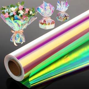Seajan 32 in x 200 ft Iridescent Cellophane Wrap Roll, Rainbow Wrapping Paper Holographic Cellophane Wrap for Baskets Flower Bouquet DIY Treats Christmas Gifts Wrapping(Red and Golden Iridescence)