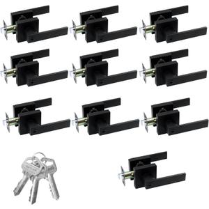 JO.KO 10 Pack Entry Door Lock Set, Square Door Lever for Bedroom, Passage Door Privacy Locking Interior/Exterior Entry Door Knob/Heavy Duty Lock Different Keys (Matte Black)