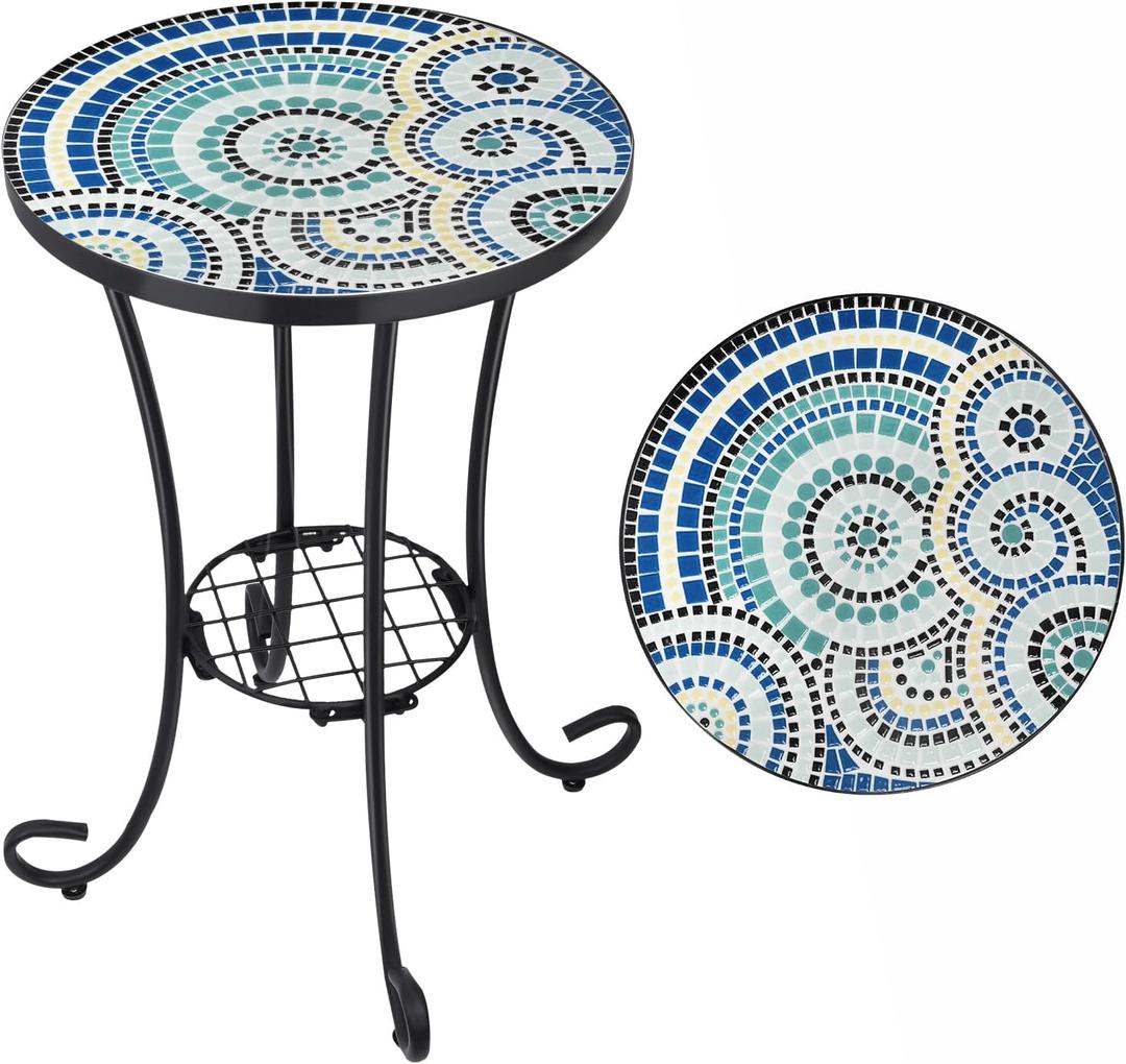 VCUTEKA Outdoor Side Table Mosaic Patio Accent Table Mosaic Tile Top Metal Frame Small End Porch Beach Patio Garden Balcony Round 14''