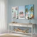 3pcs Framed Pink Coastal Canvas Wall Art Tropical Beach Poster Print Surfboard Palm Tree Van Picture for Beach House Bathroom Living Room Bedroom and More Home Decor 24x16in