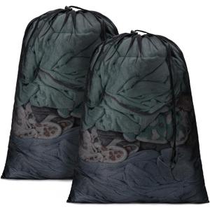 2 Pack Mesh XL Laundry Bags,Machine Washable Dirty Clothes Organizer with Drawstring and ID Tag, Large Laundry Hamper Liner Enough to Laundry Essentials for Travel, Sports(24"x 36",Black)