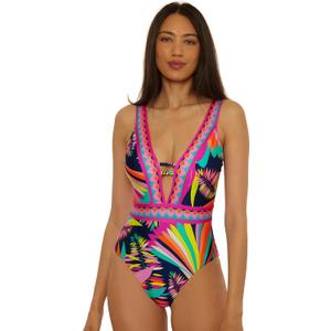 Trina Turk Paralia - Women's Plunge One Piece Swimsuit, Adjustable, Bathing Suits for Women, Multicolor, 10